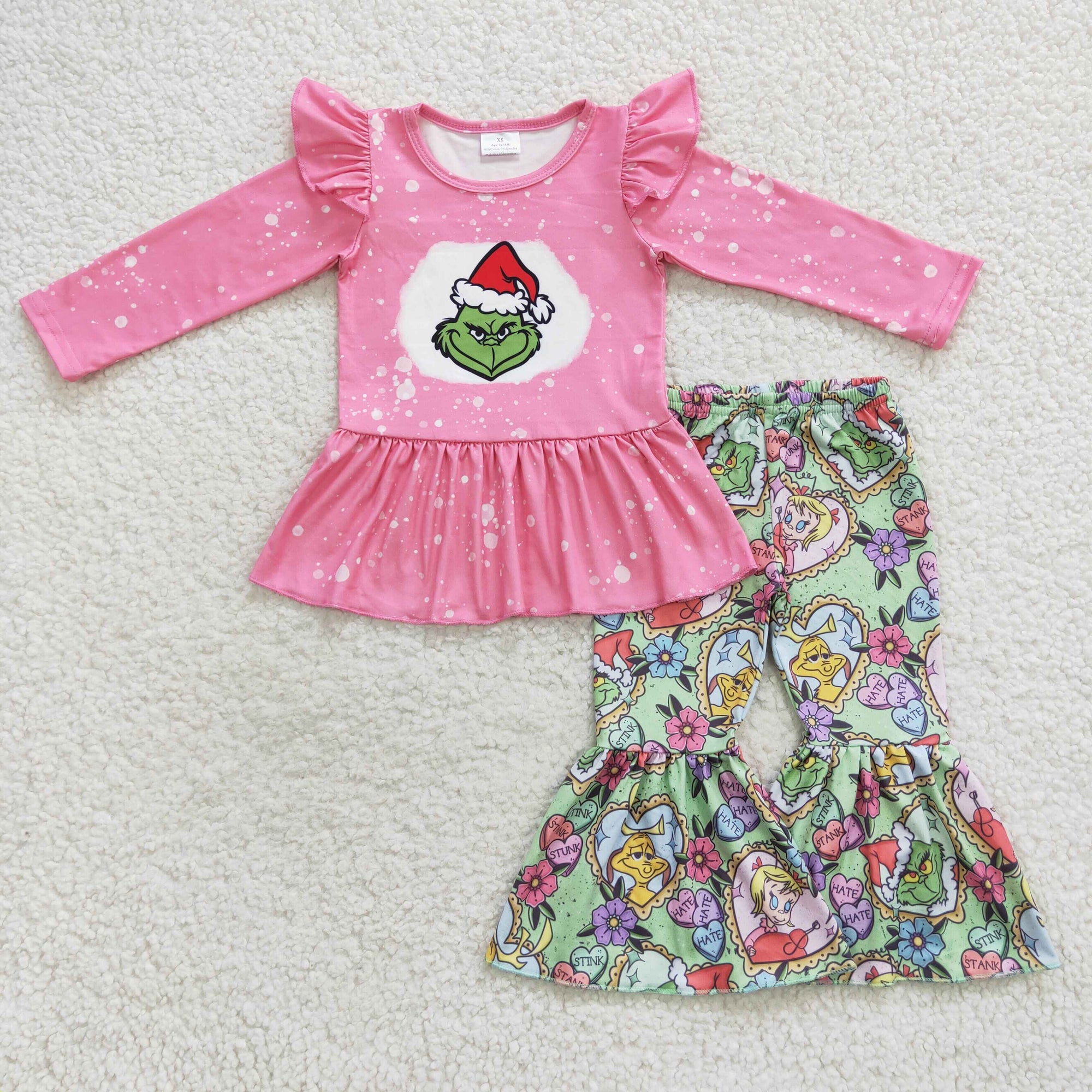 Kids girls grinch bells set christmas outfit