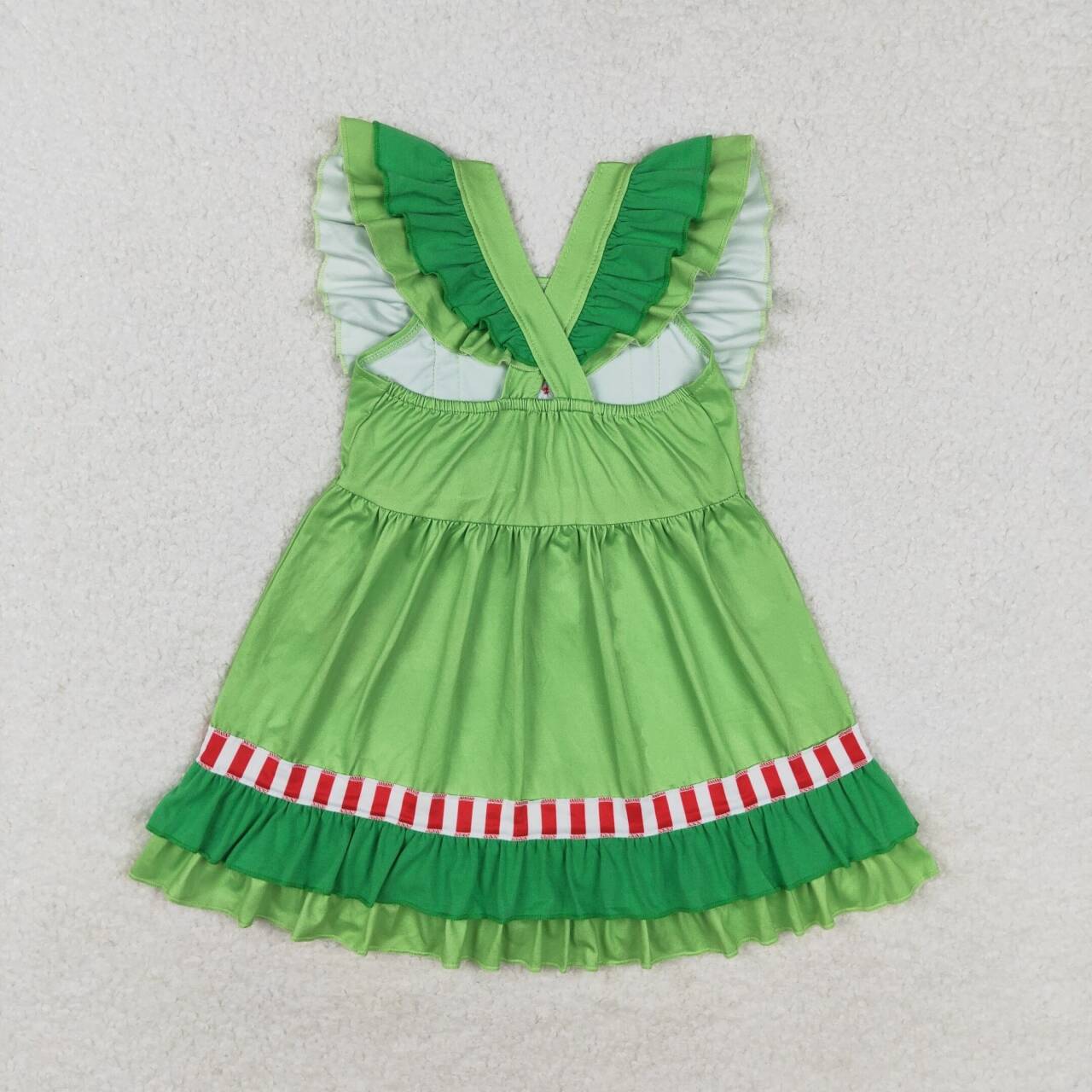 green cross back ruffle dress with red heart print