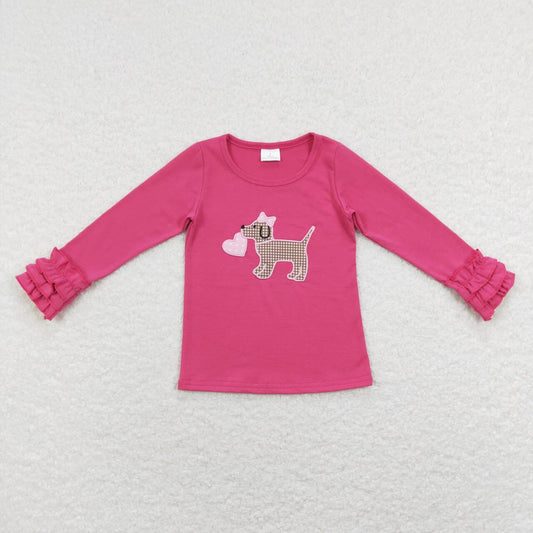 girl hot pink ruffle dog heart embroidery valentine shirt