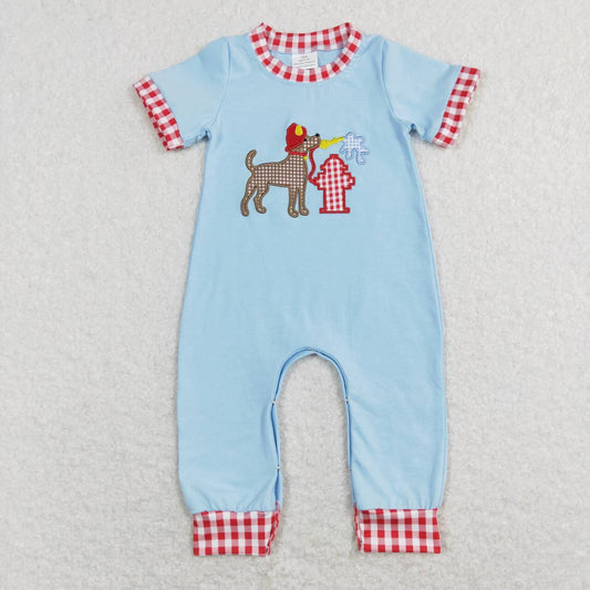 baby boy blue red fireman embroidery romper