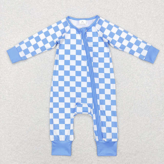 blue checkered baby boy zip sleeper