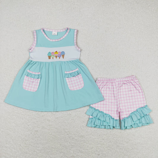 summer Ice cream embroidery girls shorts set toddler girls clothing