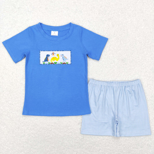 blue dinosaur embroidery shorts set little boys clothing