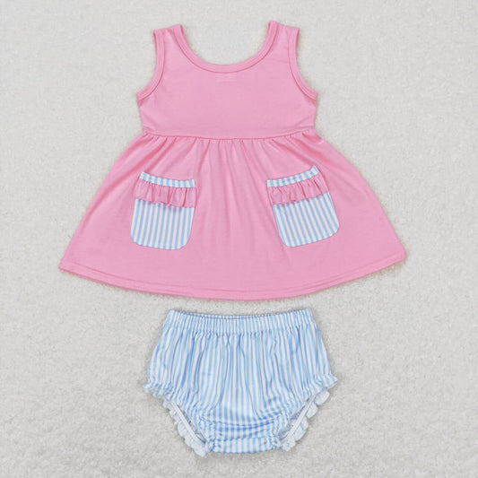 baby girl pink blue sleeveless pocket bummie set
