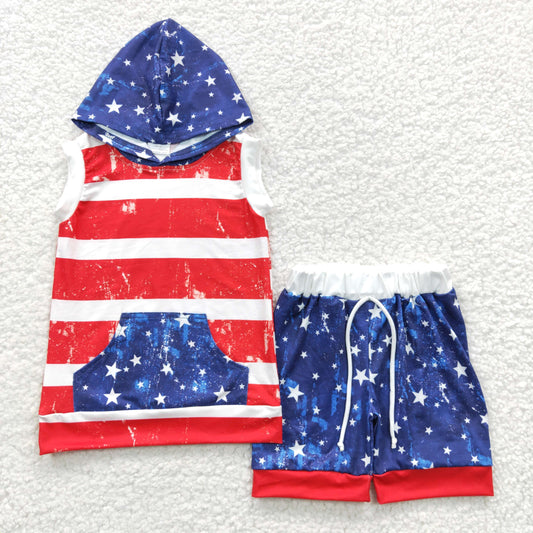 Hooded Tank The USA Red White & Blue Stars 4th Of July Baby Boy Shorts Set