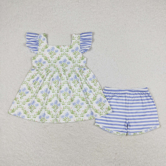 blue flower girl shorts set