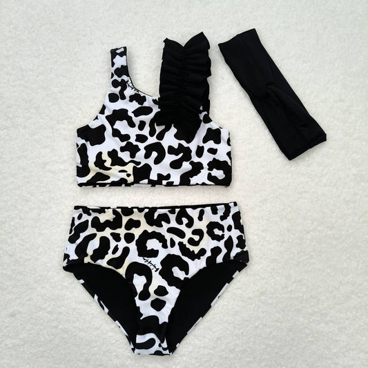 leopard two piece swimsuit girls swimwear (with headband)
