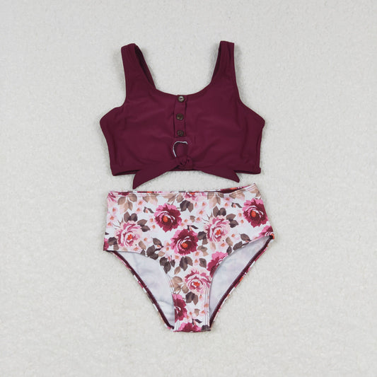 2pcs maroon floral swimsuit