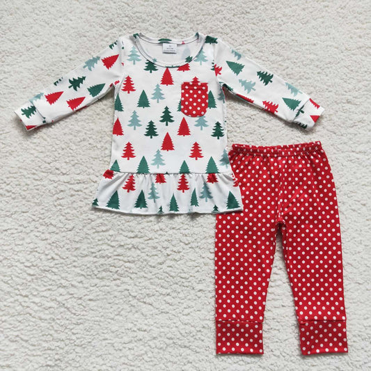 kids girl christmas tree outfit red dots legging set