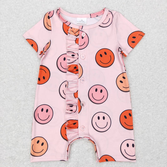 smile emoji floral ruffle button romper