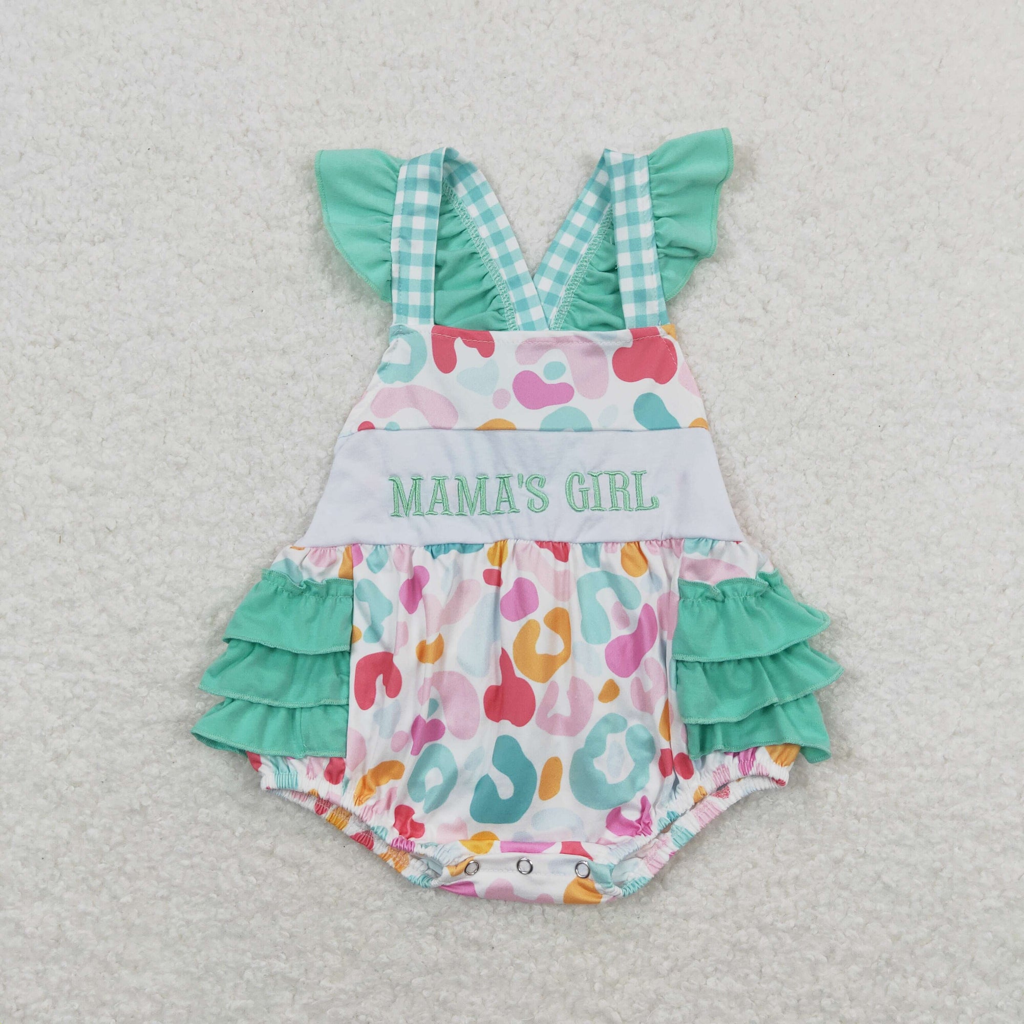 leopard mama's girl embroidery cross back ruffle bubble