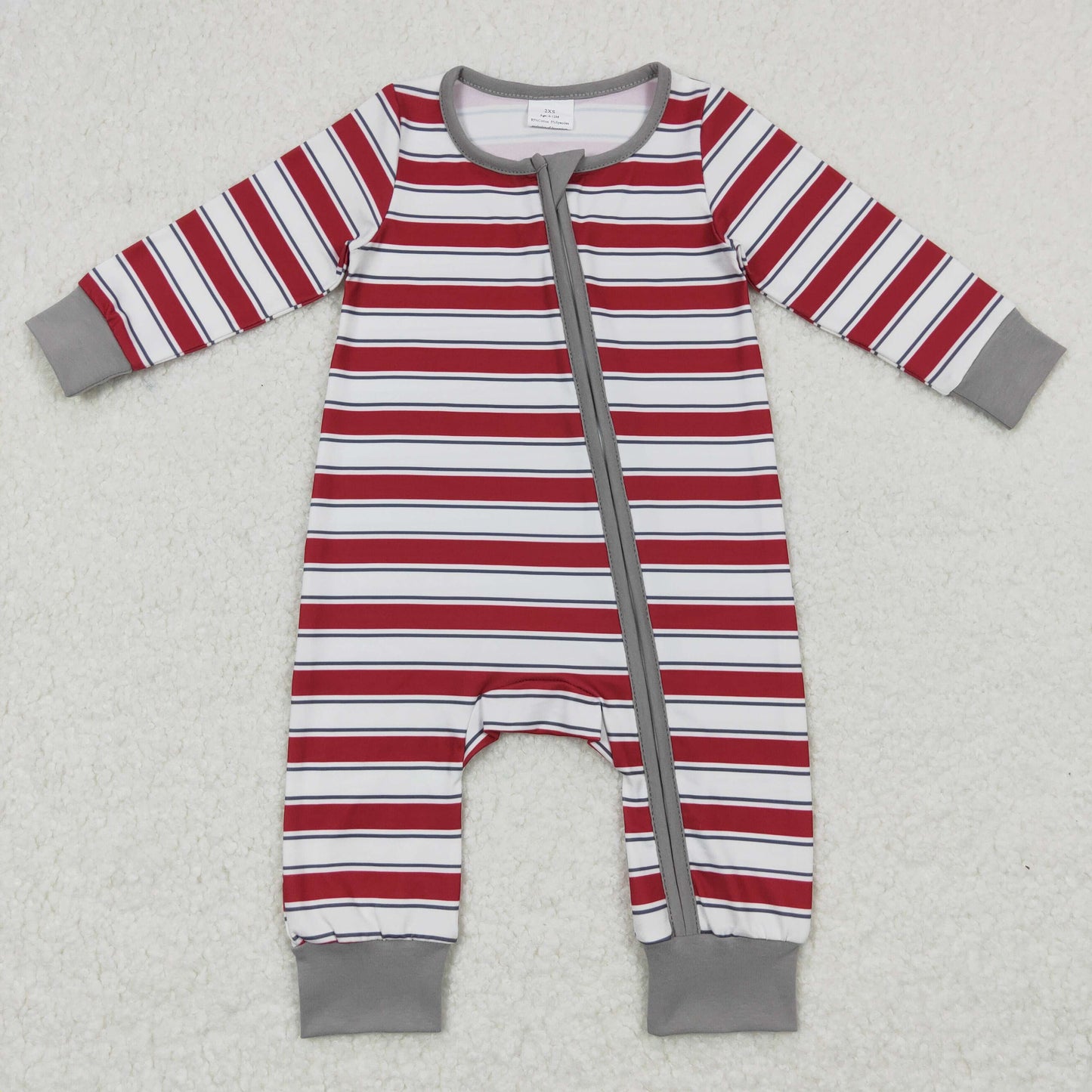 gray white red stripe zip sleeper