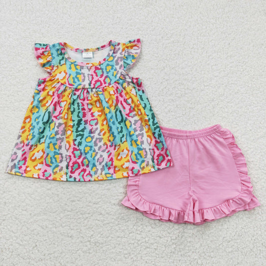 leopard tunic pink ruffle shorts set girl’s outfit