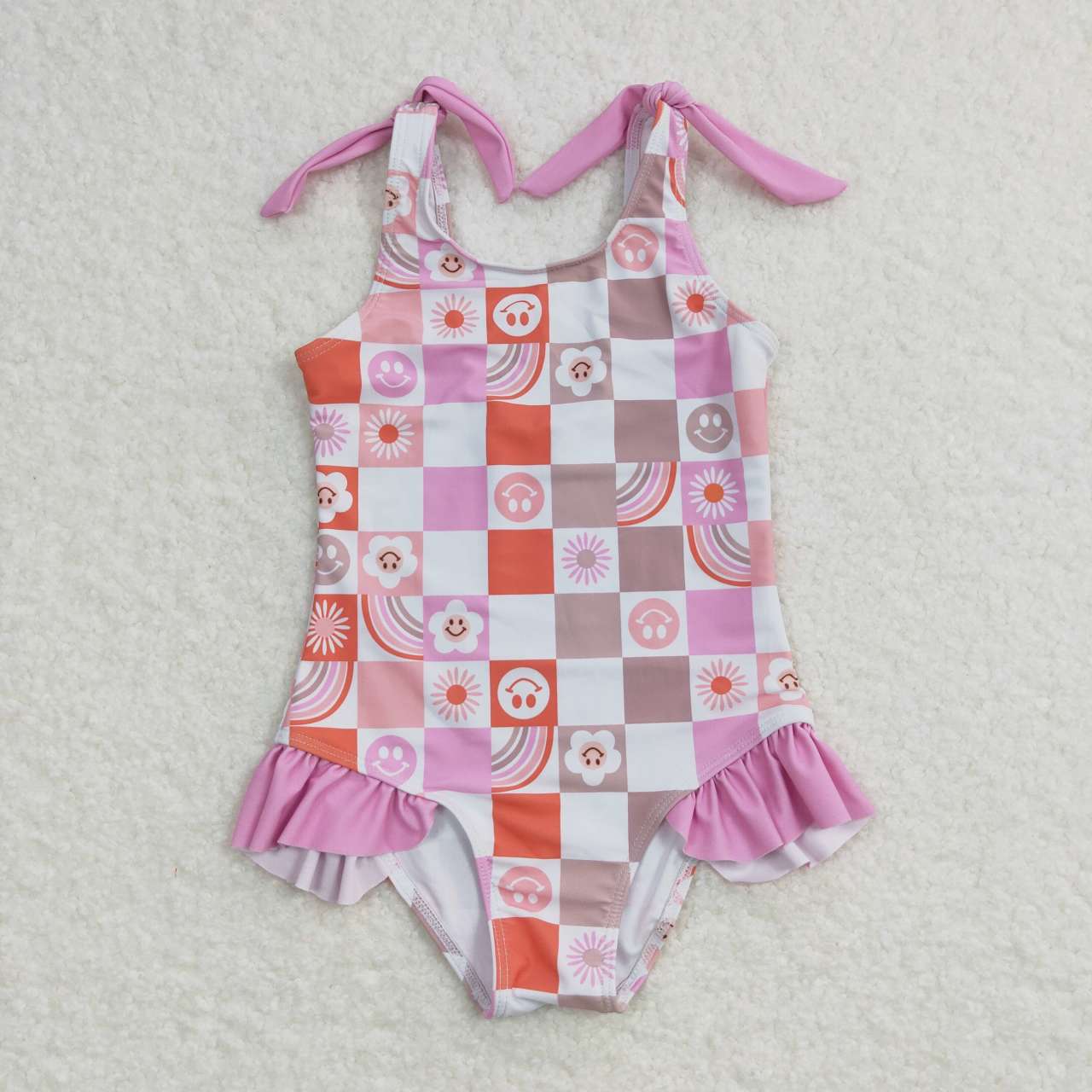 1pcs smiley checkered print kids girls swimsuit