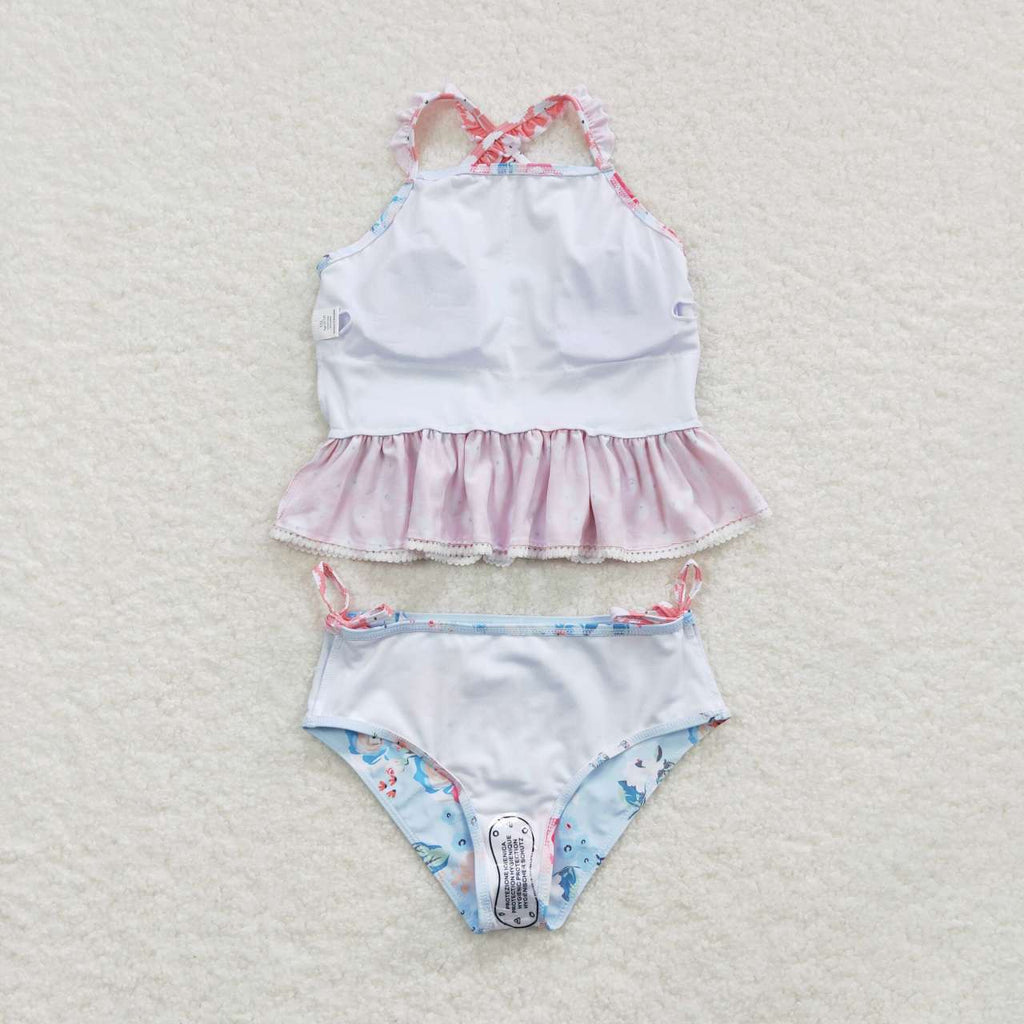 2pieces blue floral cross back swimsuit