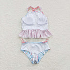 2pieces blue floral cross back swimsuit