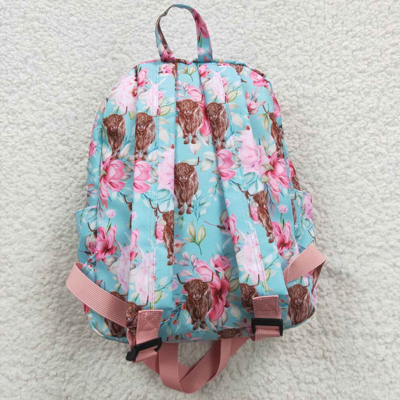 blur highland cow flower print child bag backpack