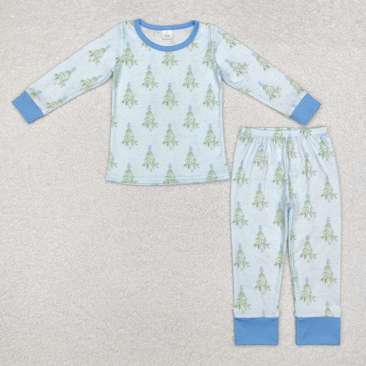 boys Christmas tree print bamboo pajama set blue