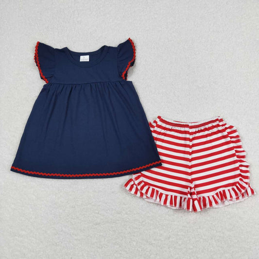 navy blue tunic red stripe ruffle shorts set girl patriotic clothes