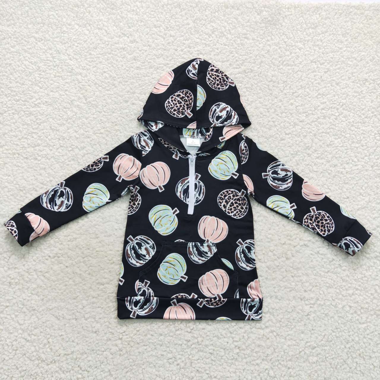 black pumpkin print zip hoodie top with pocket kids fall clothing