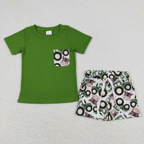 tractor cows print boy pocket shorts set green kids clothing