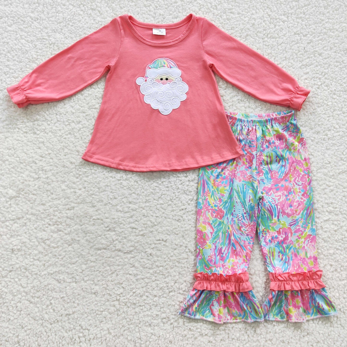 Merry christmas pink santa embroidery girls outfit