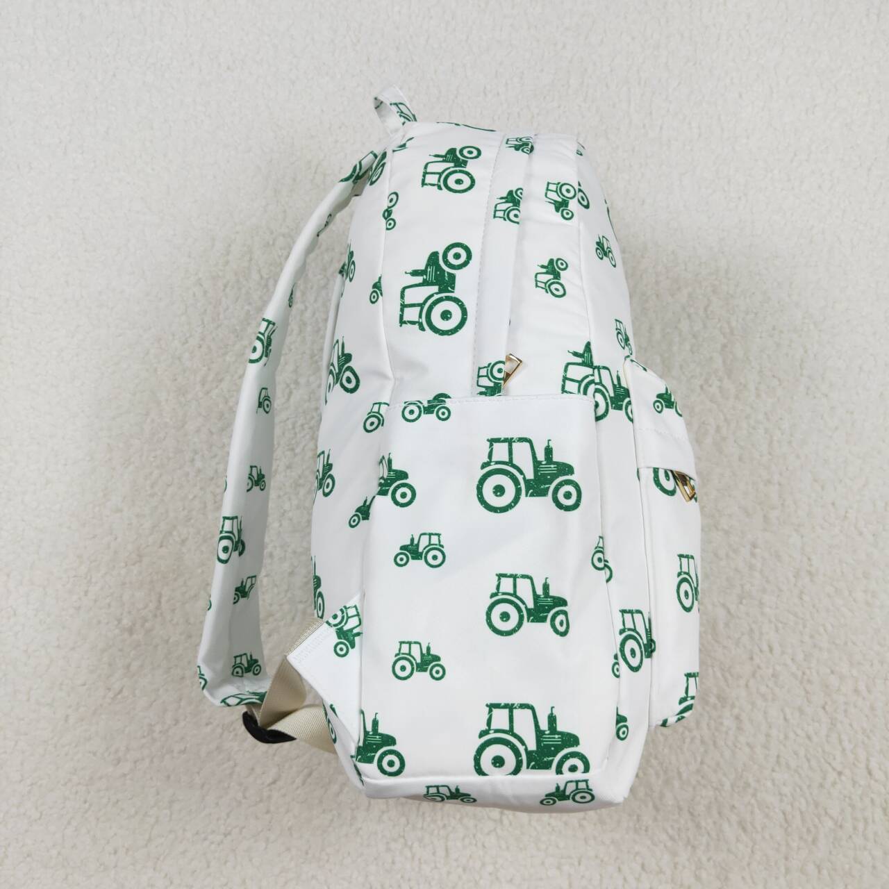 green tractor print kids backpack white bag