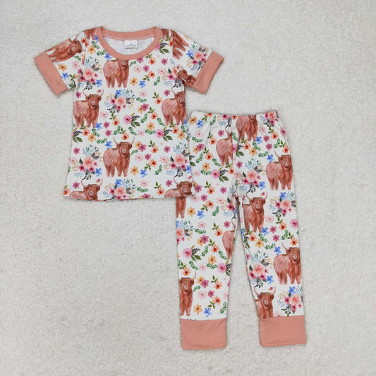 highland cow&flower baby girl short sleeve pajama
