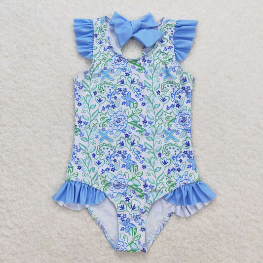 blue flower print girl one piece swimsuit