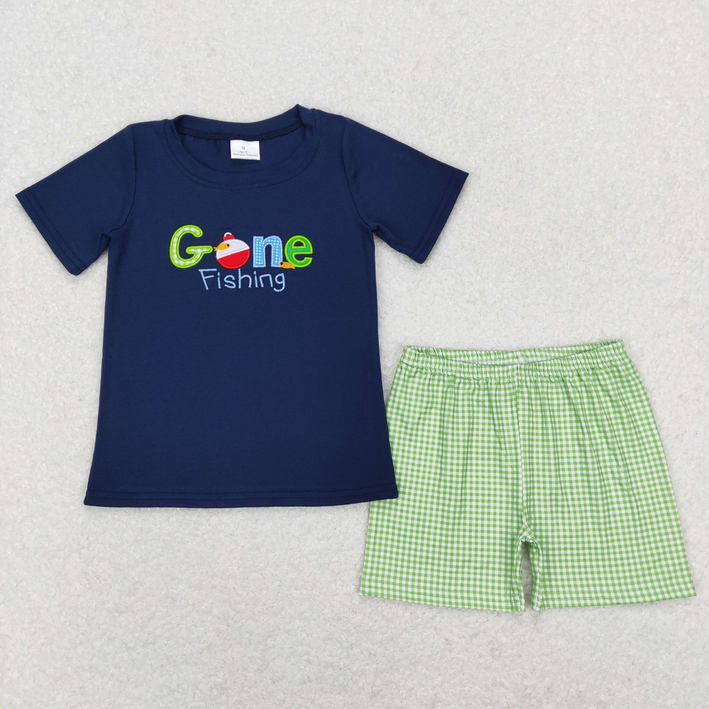 little boy gone fishing embroidery shorts set