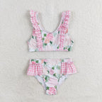 pink floral two piece ruffle swimsuit girl swimwear