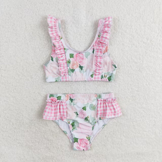 pink floral two piece ruffle swimsuit girl swimwear