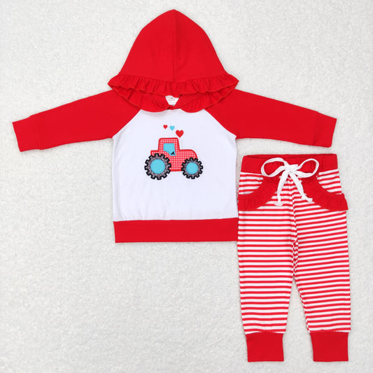 girl valentine's day red heart tractor embroidery hoodie outfit