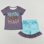 turquoise leopard cowboys letter shirt 2pc ruffle set