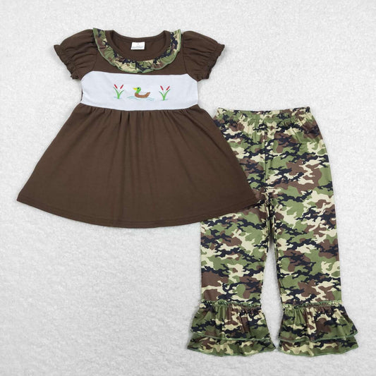 brown lake duck embroidery camo ruffle pants set girl outfit