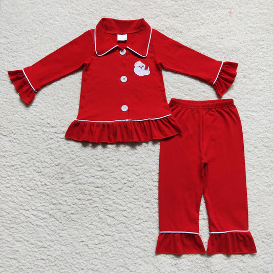 cotton solid red ruffle pajama-santa embroidery