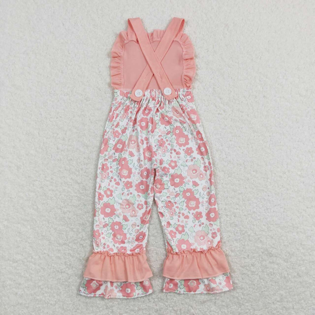 strap pink flower ruffle pants length girl jumpsuit
