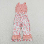 strap pink flower ruffle pants length girl jumpsuit