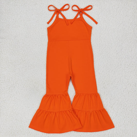cotton solid orange strap bell bottom jumpsuit