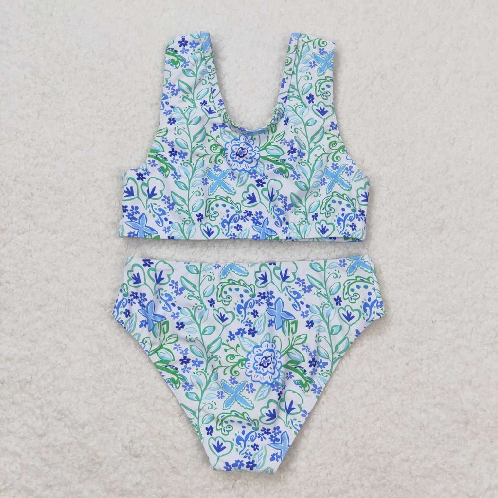 blue flowers two pieces girl swimsuit
