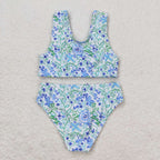 blue flowers two pieces girl swimsuit