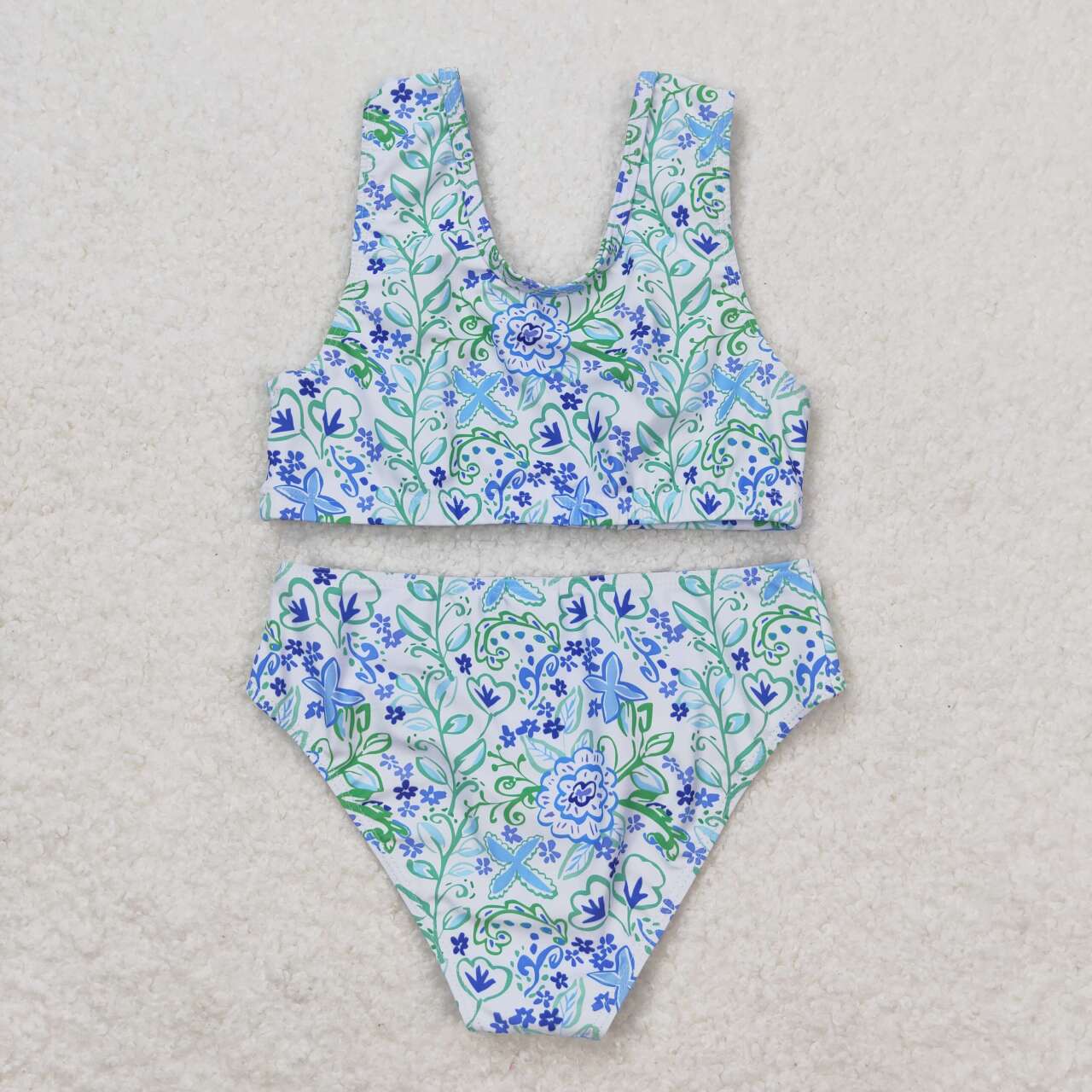 blue flowers two pieces girl swimsuit