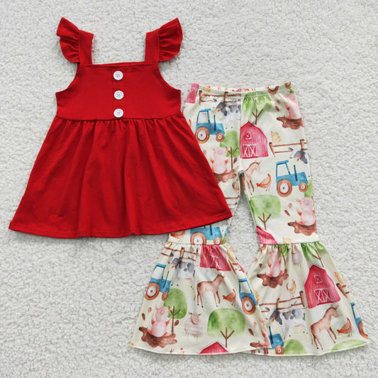 red farm animals bell bottom pants set girl clothes set