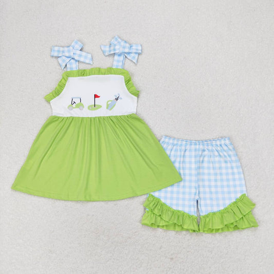 green blue baby girl strap golf shorts set