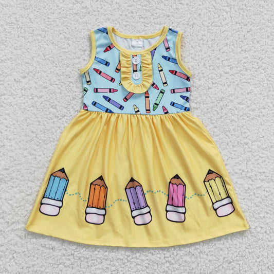 blue yellow sleeveless pencil print back to school dress
