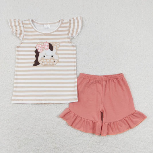 cow with bow embroidery girls solid shorts set