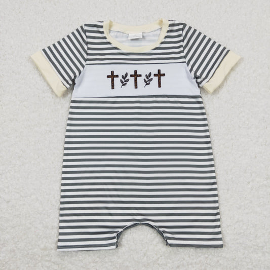 baby boy stripe easter cross embroidery romper