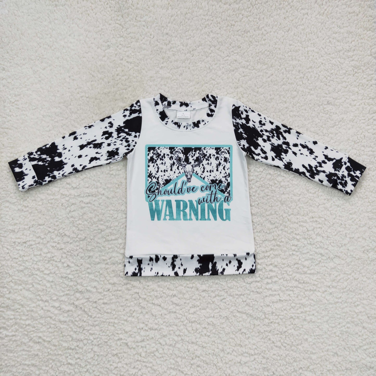 toddler girl cow print warning pullover