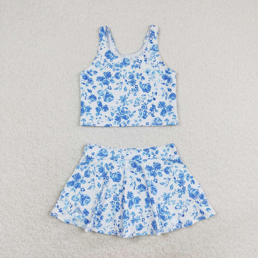 blue flower tank two pieces skort swimsuit