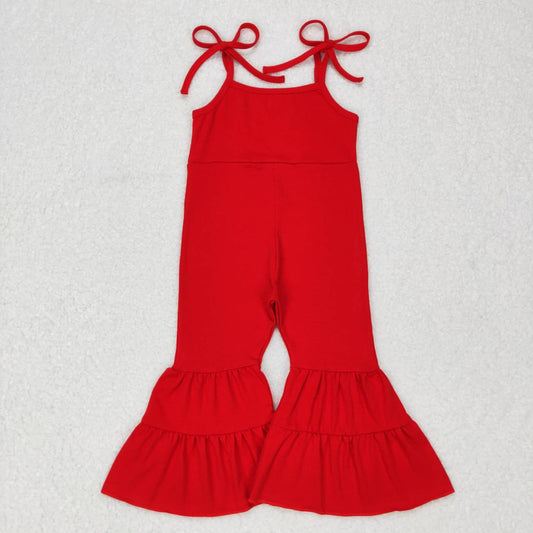 cotton solid red strap bell bottom jumpsuit